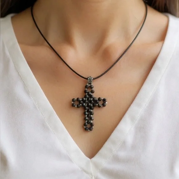 Elegant Hand-Beaded Black Cross Pendant Necklace - Picture 1 of 3